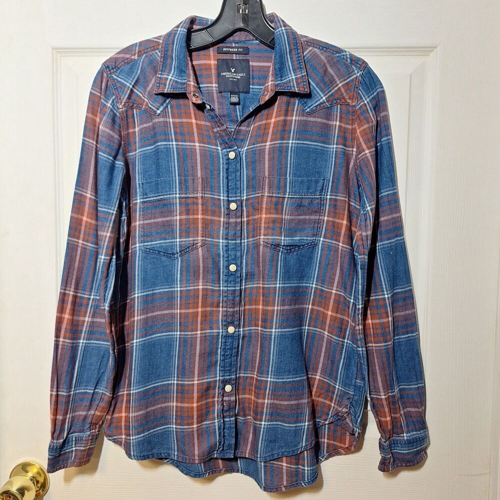 American Eagle Blue Red Plaid Pearl Snap Boyfriend Fit Flannel Western Size S